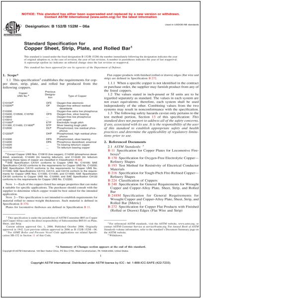 ASTM B 152 B 152M06a Specification For Copper Sheet Strip Plate And