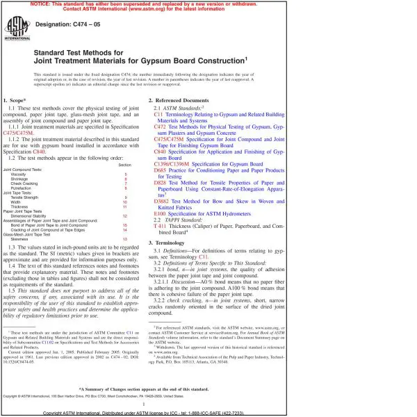 ASTM C 474—05 Test Methods for Joint Treatment Materials for 