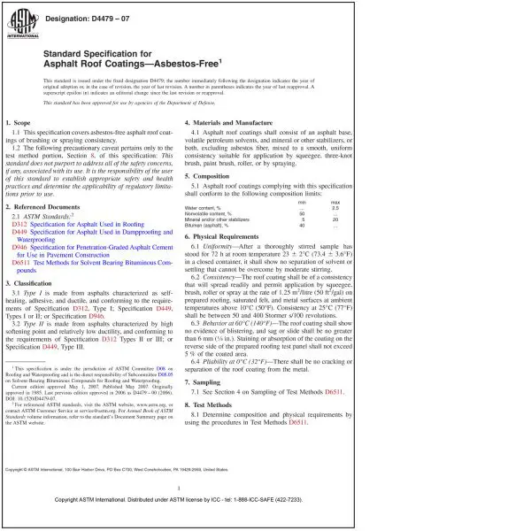 ASTM D 4479—07 Specification for Asphalt Roof Coatings-Asbestos