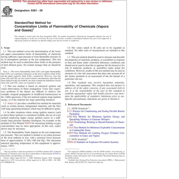 ASTM E681—09 Standard Test Methods for Concentration Limits of Flammability  of Chemical Vapors and Gases (PDF Download)