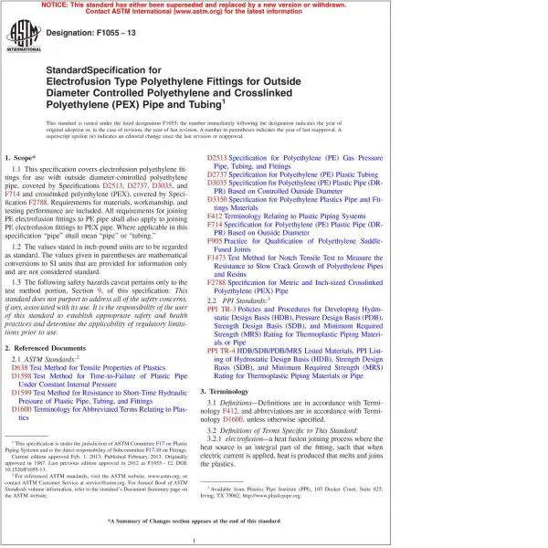 ASTM F1055—13 Standard Specification for Electrofusion Type Polyethylene  Fittings for Outside Diameter Controlled Polyethylene and Crosslinked  Polyethylene Pipe and Tubing (PDF Download)
