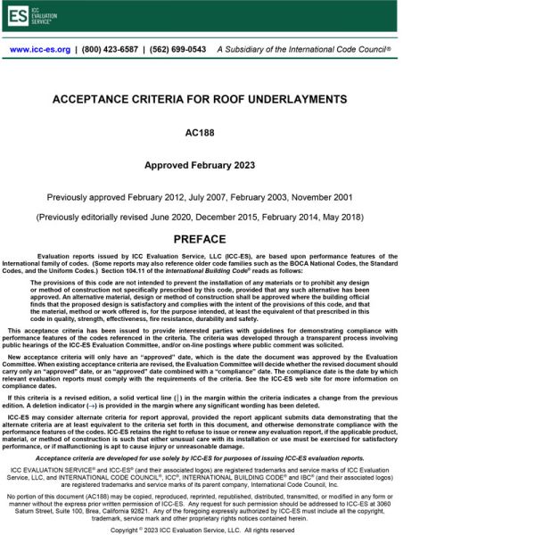 AC188 Roof Underlayments—Approved February 2023 (PDF Download)