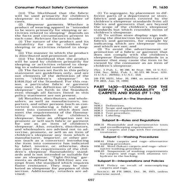 16 CFR Part 1630 (2007) Standard for the Surface Flammability of Carpets and Rugs (Download)