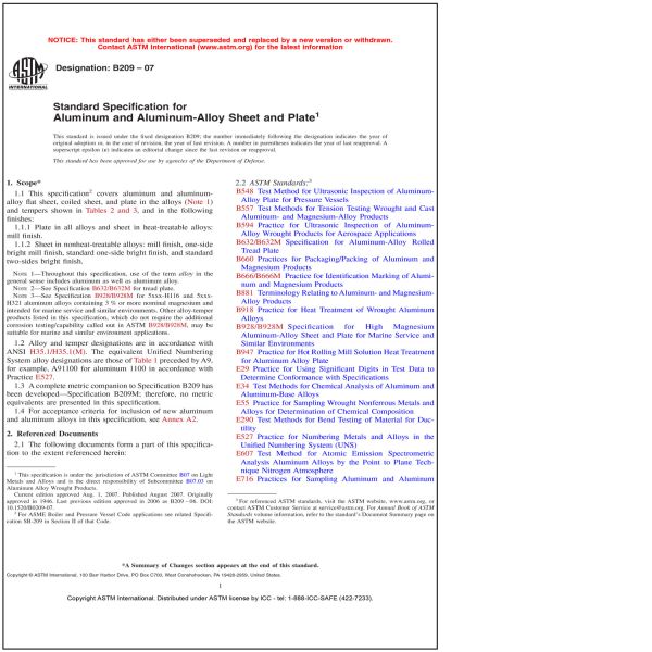 ASTM B 209—07 Specification for Aluminum and Aluminum Alloy Steel and Plate (PDF Download)