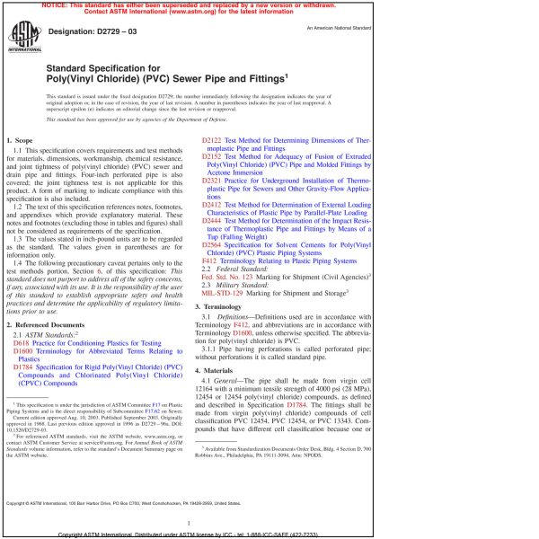 ASTM D 2729—03 Specification for Poly (Vinyl Chloride) (PVC) Sewer Pipe