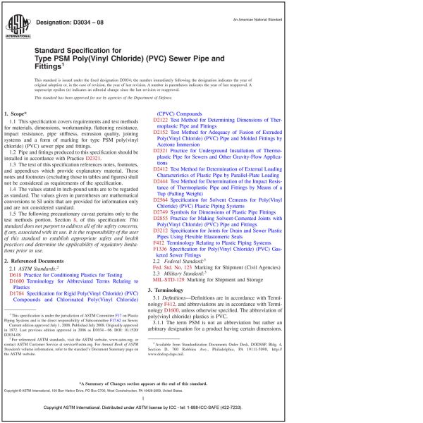 ASTM D 3034—08 Specification for Type PSM Poly (Vinyl Chloride) (PVC