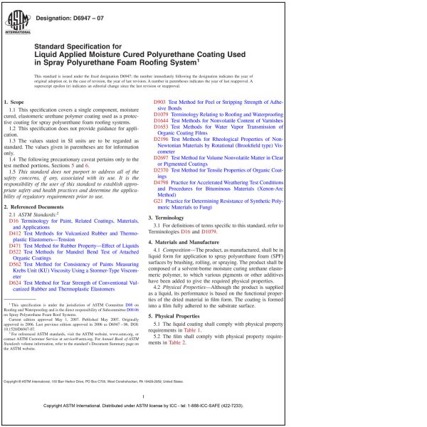 ASTM D 6947—07 Standard Specification for Liquuid Applied Moisture Cured Polyurethane Coating