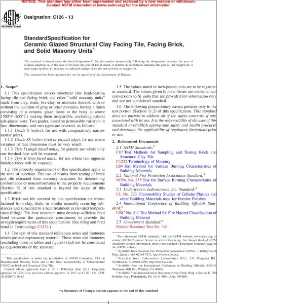 ASTM C126—13 Standard Specification for Ceramic Glazed Structural Clay