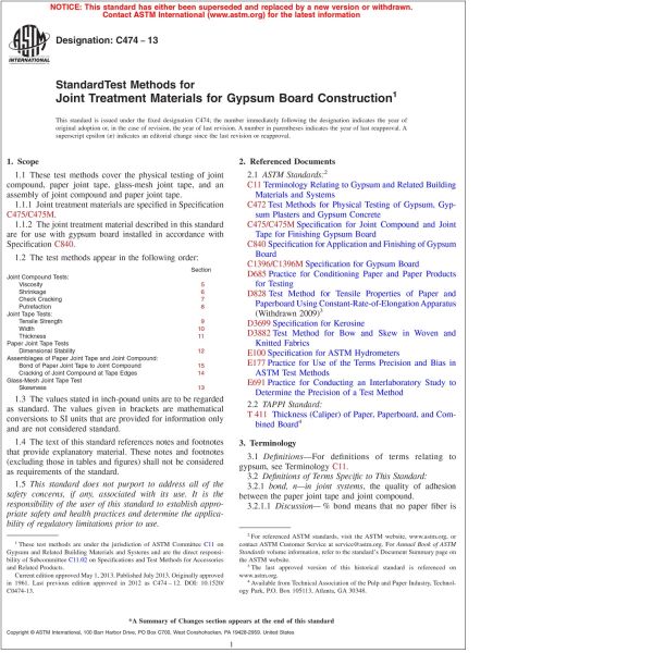ASTM C474—13 Standard Test Methods for Joint Treatment Materials for
