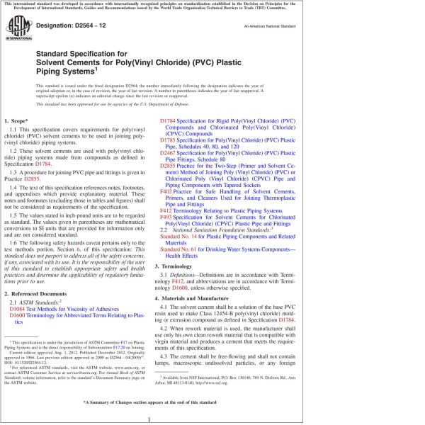 ASTM D2564—12 Standard Specification for Solvent Cements for Poly