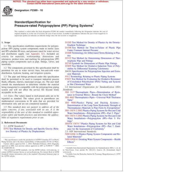 f2389 standard specification for pressure rated polypropylene